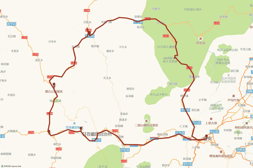 川西三日环线路线图：雅安出发经夹金山隧道、丹巴、八美墨石公园、新都桥、折多山、康定回雅安
